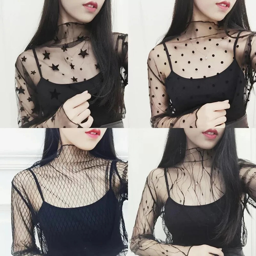 Sexy Mesh Perspective Top Ladies Sheer Blouses Women Lace Floral T Shirt See Through Long Sleeve Tee Shirts Sunscreen Tops