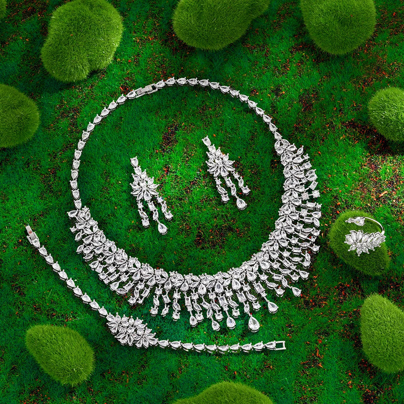 Conjunto de joias de casamento de zircônia cúbica, conjunto de 4 peças para noivas, conjunto de joias femininas, reprodução de marca de joias
