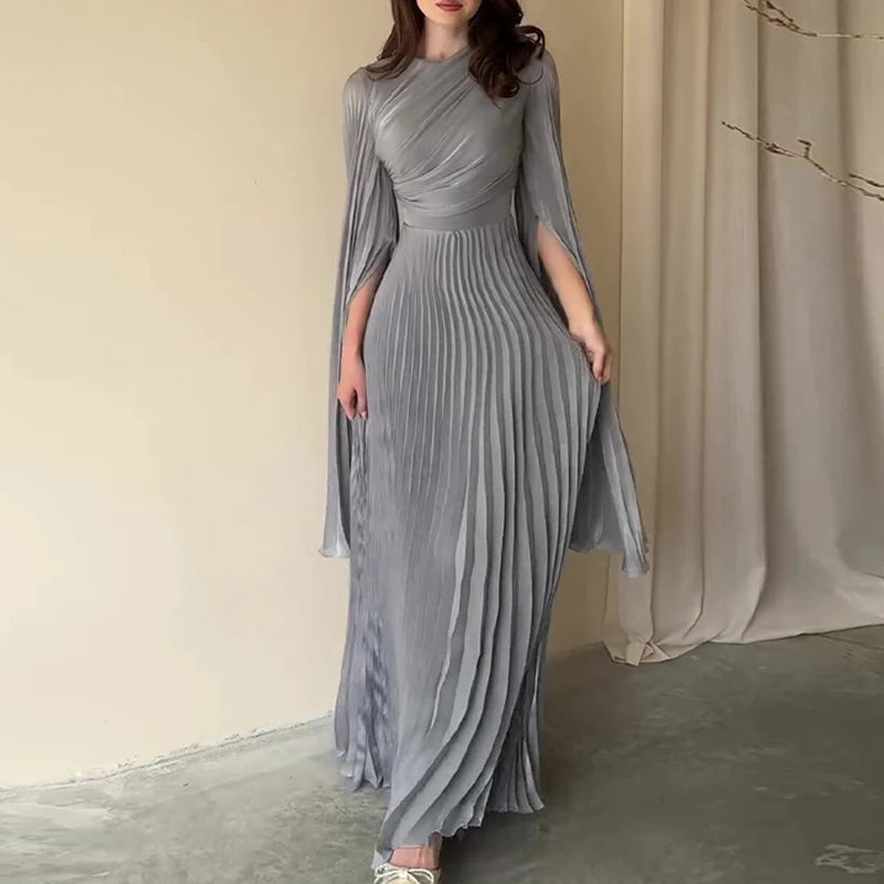 Elegant Solid Color Pleated Robe Dress Fashion High Waist Slim Evening Dress 2024 Autumn Women's O-neck Long Sleeve Party Dress