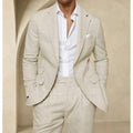 Terno masculino de linho azul/bege de alta qualidade, 2 peças, elegante, casual, abotoamento simples, slim fit, blazer com lapela entalhada e calças, traje masculino