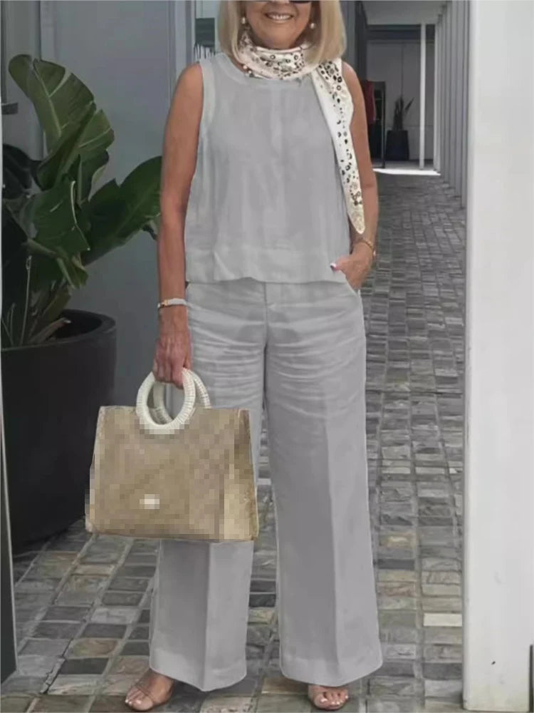 Terno feminino simples de algodão e linho, moda verão, blusa solta sem mangas, calças de perna larga, conjunto de duas peças para mulheres, roupas casuais