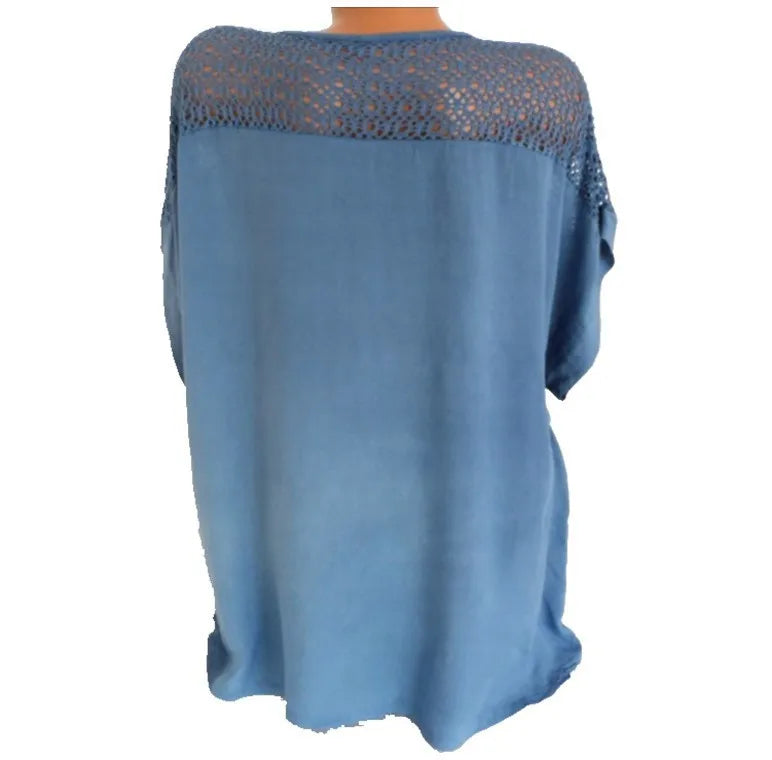 Blusas e tops femininos de manga curta da moda verão, camisa solta de renda branca patchwork 6xl, tops femininos, roupas casuais