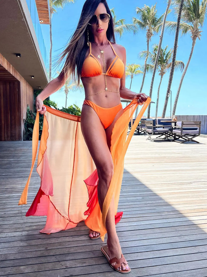 Fashion Sexy Solid Three Piece Bikini Set Padded Bra Tassel High Waist Beach Skirt Swimwear Summer Beach Holiday  Bathing Suit