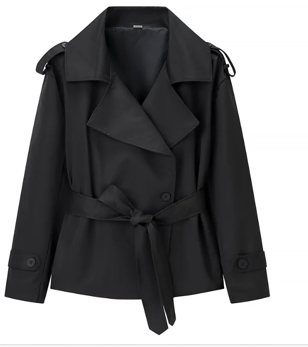 Women Lapel V-neck Belt Trench Coat Fashion Lace Up Full Sleeve Button Short Thin Windbreak 2025 New Lady Daily Street Outerwear