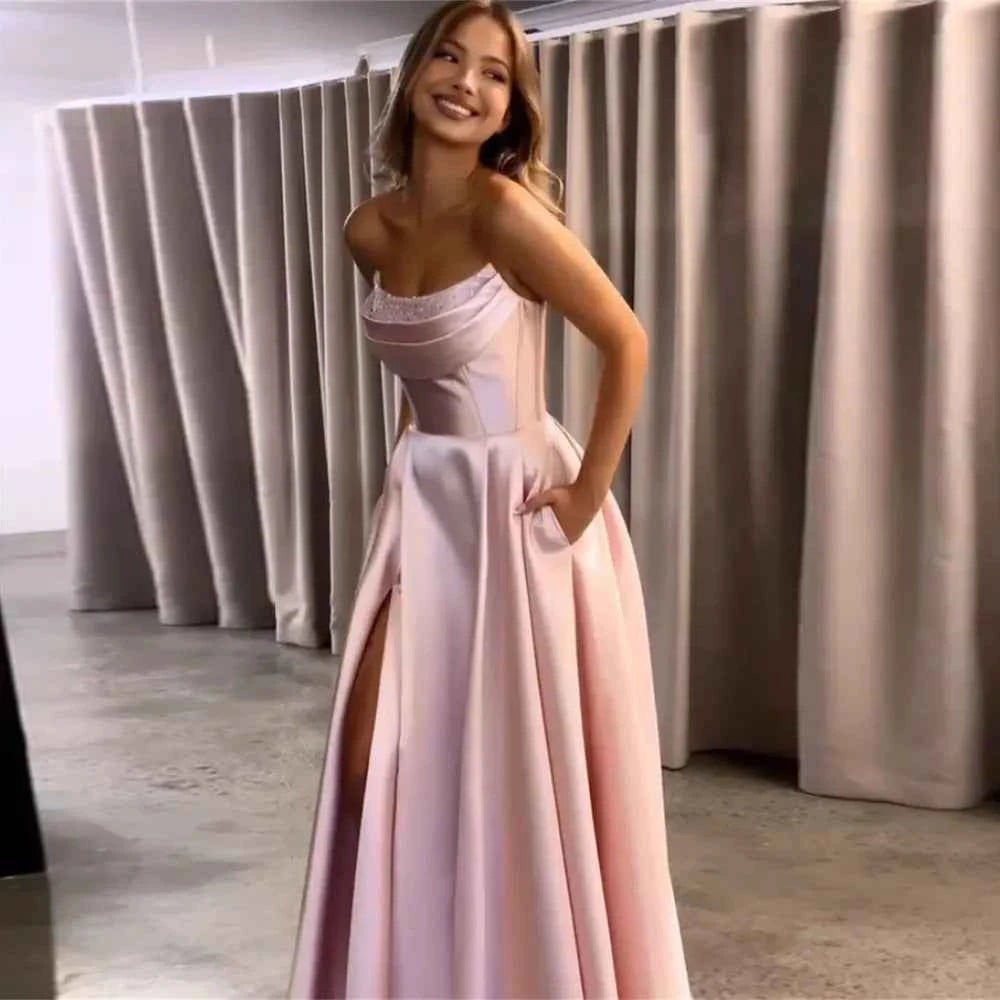 Customized Strapless Prom Dress Robe De Cocktail Femme Satin Elegant Gowns Evening Dresses A-line Women's Dresses With Pockets