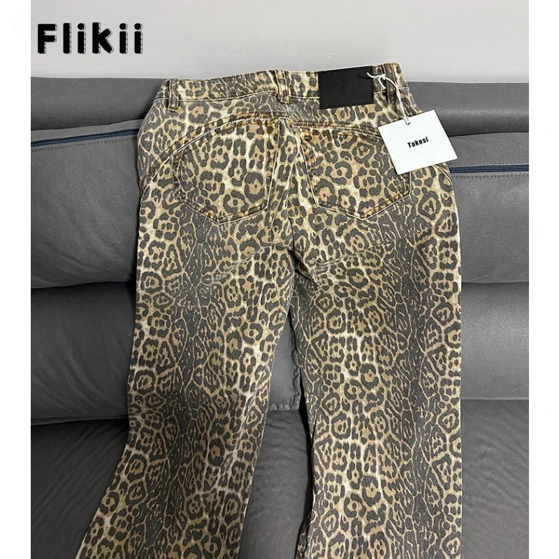 Calça jeans feminina americana retrô com estampa de leopardo, cintura alta, larga, casual, com bolsos, hip-hop, primavera/verão 2000, calça jeans pantera grande