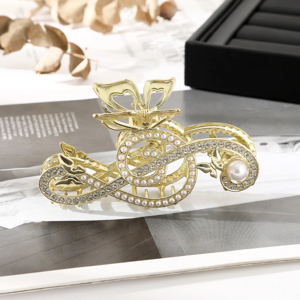 10.5cm Note Hairpin For Women Shiny Color Ponytail Hair Claw Hair Clips Ladies Pearl Rhinestone Butterfly Hair Accessories