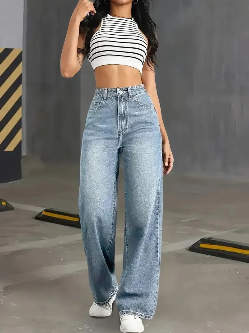 Classic Blue Y2K Jeans for Women Straight Leg Stretchy Denim Trousers Simple Design Retro Style Elastic Waist