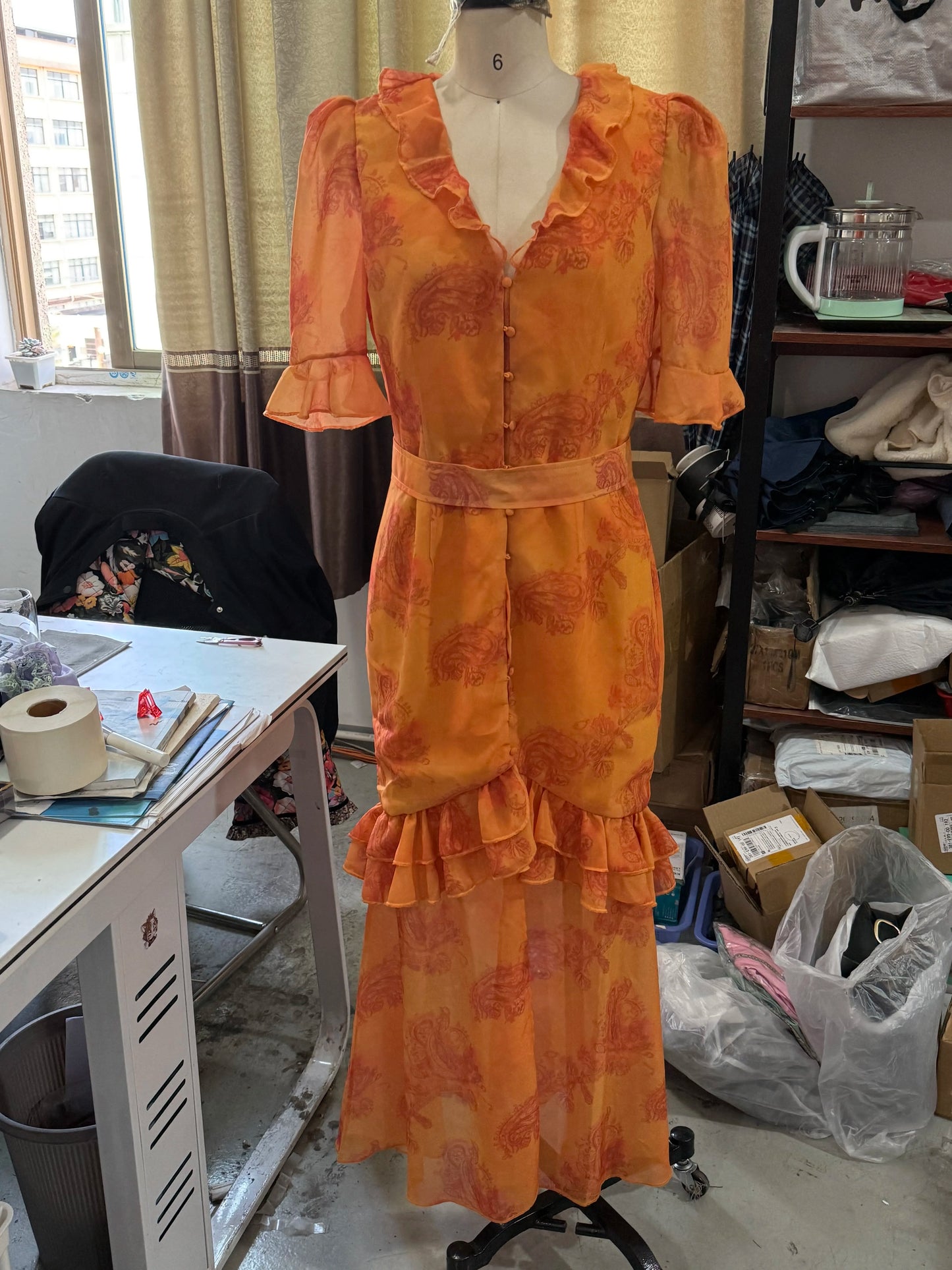 Women White Floral Print Maxi Dress V Neck Puff Sleeve Peplum Waist Fishtail Hem Chiffon Robe Elegant Party Wedding Guest Gown