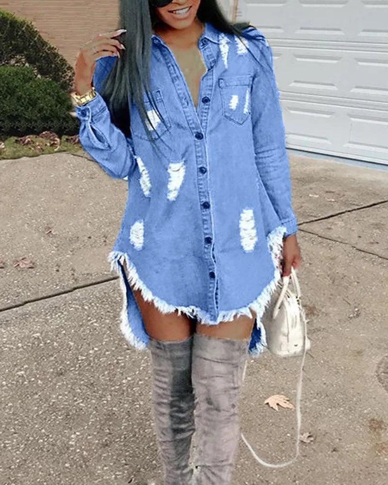 New Vintage Women Denim Mini Asymmetrical Dress Sexy Turn Down Neck Long Sleeve Ribbbed Tassel Shirt Dress Blue Jean Robe 2023 - CRAVO ROSE