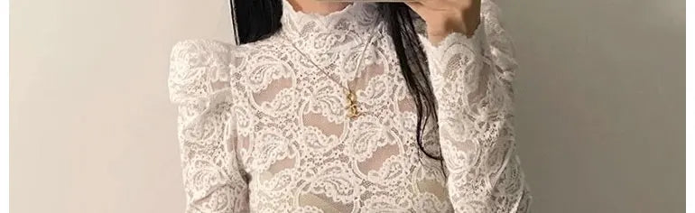 Fleece Lined Lace Base Shirt Women's Autumn Winter Hollow out Mesh Top Trendy Commute Style High Neck Long Sleeve  Color