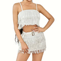Two Piece Sets Women Summer Punk Club Sexy Skirt Sets Sleeveless Sequin Tassel Camis Top + Mini Skirts with Belt Female 2Pcs Set