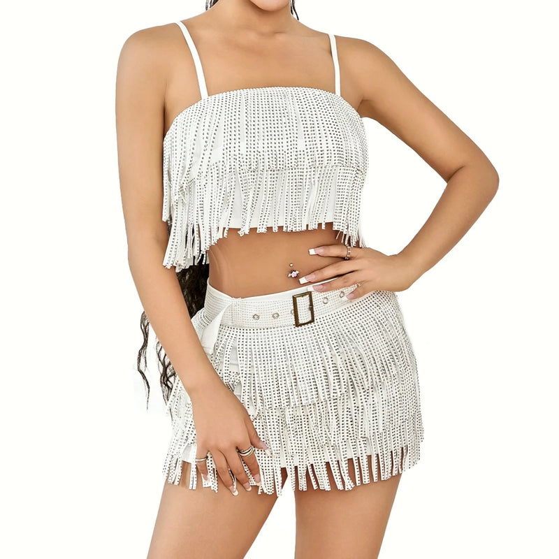 Two Piece Sets Women Summer Punk Club Sexy Skirt Sets Sleeveless Sequin Tassel Camis Top + Mini Skirts with Belt Female 2Pcs Set