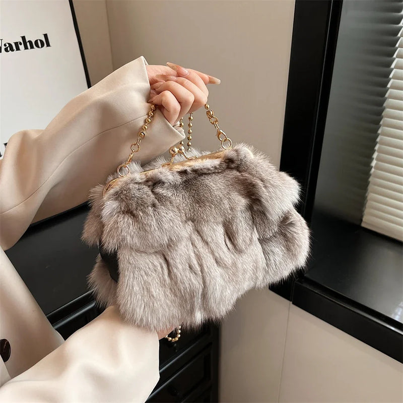 Soft Plush Evening Bags for Elegant Women Fox Fur Dinner Party Clutch Chain Crossbody Winter Warm Luxury Designer Handbags