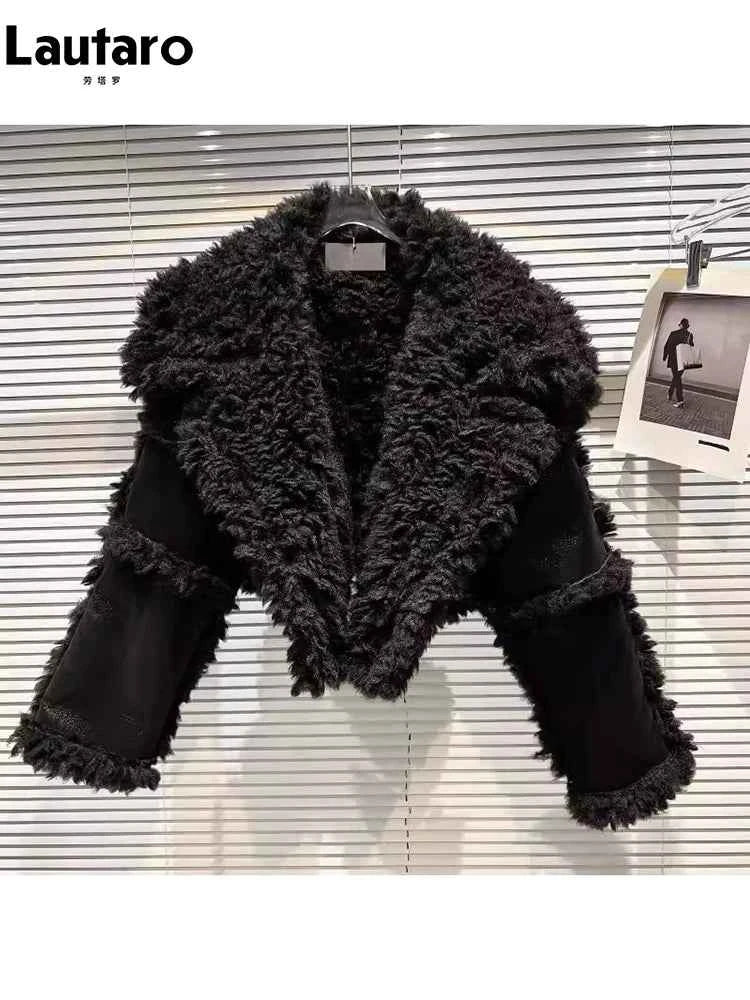 Lautaro Autumn Winter Short Hairy Thick Warm Black Faux Sheepskin Coat Women with Long Sleeve Luxury Designer Fluffy Jacket 2023