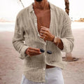 Camisa masculina de lapela simples, algodão, linho, respirável, manga comprida, fina, cor sólida, camisa casual