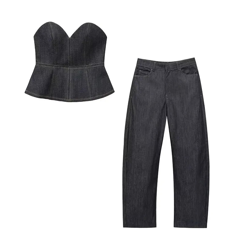 TRAFZA 2025 Conjunto de Blazer e Calça Jeans , Casaco Slim com Gola Redonda + Corpete com Decote em V + Jeans Feminino Vintage de Perna Larga