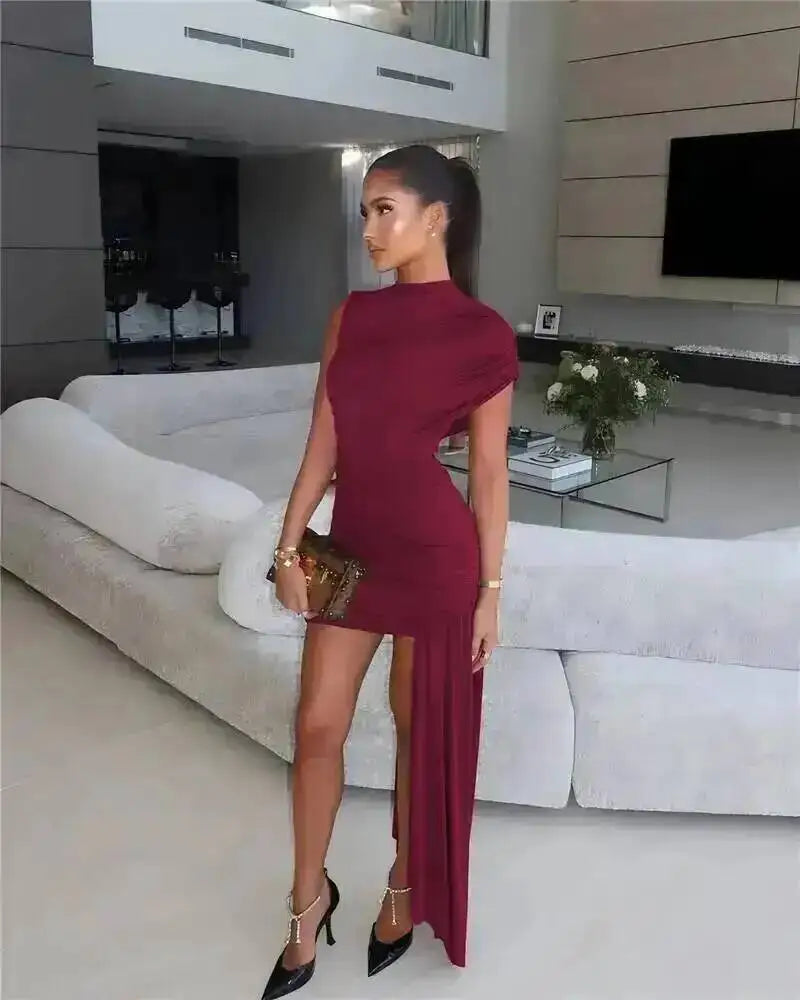 Balitops Summer Draped Ruched Sexy Mini Dress Women 2025 New Irregular High Waist Slim Fit Dress Female Elegant Club Tank Dress