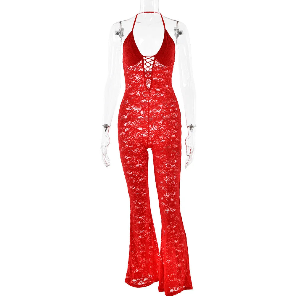 Women's New Sexy Fashion Hollow-Out Lace See-Through Backless Halter Slim Jumpsuit