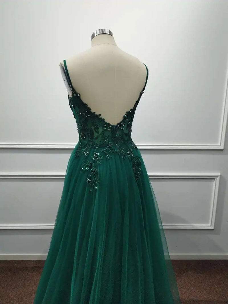 Dusty Blue Tulle Prom Dresses Long 2025 Appliqued Beaded A Line Slit Women Evening Gowns Elegant Dress For Wedding Party