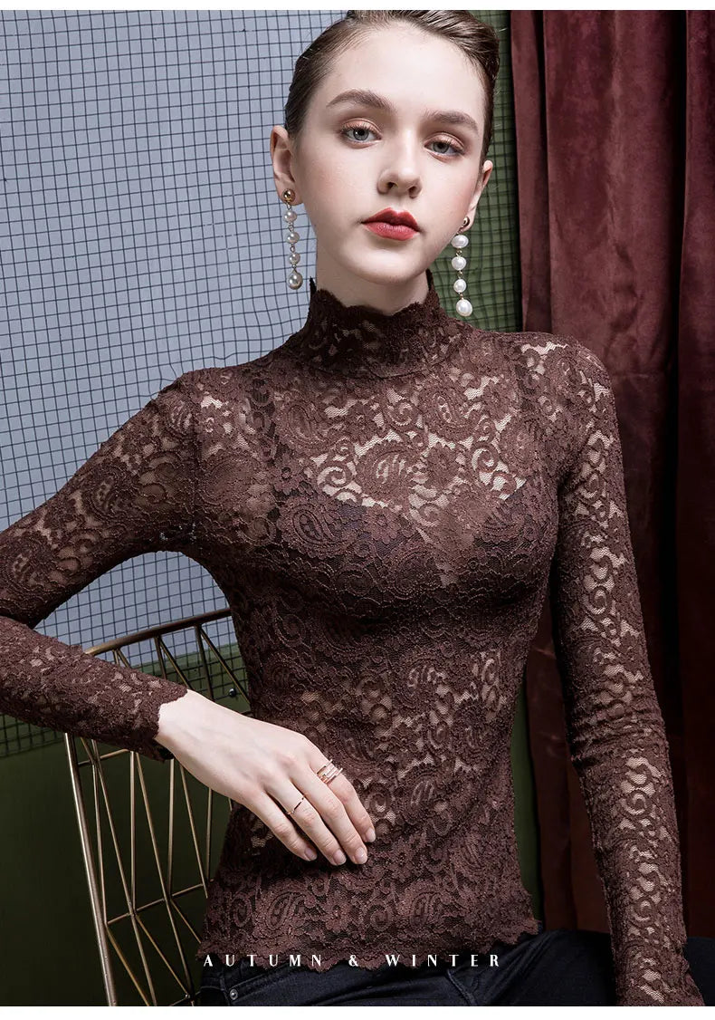 High Collar Lace Long Sleeve Women's Base Shirt Slim Fit Inner Wear Stand Collar Top Trendy Black T-Shirt Commute Style Korea...