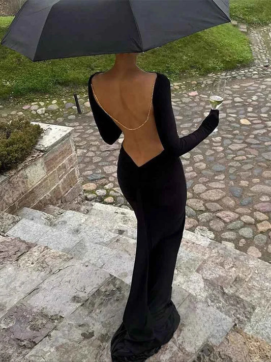 Sisterlinda Classic Bead Backless Dress Women Sexy Slash Neck Full Sleeve Simple Fashion Stretch Banquet Party Elegant Vestidos