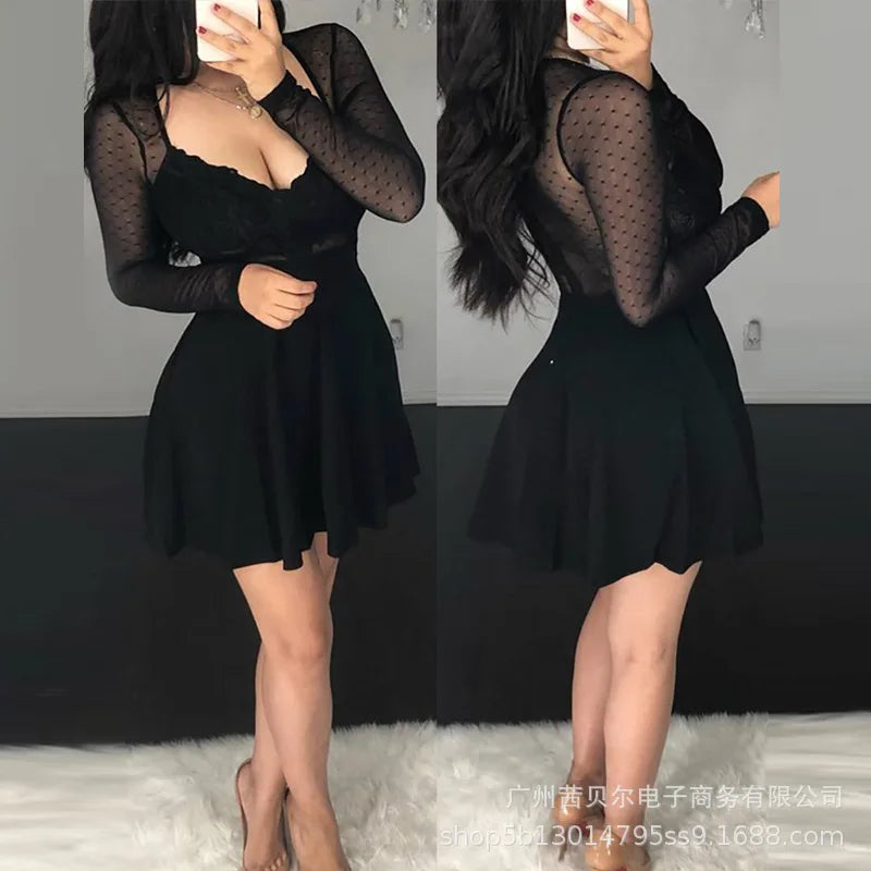 Women Dress Mini Dresses Sexy V Neck Lace A Line Slim High Waist Elegant Spring Black Bodycon Party Night Black Club Vestidos