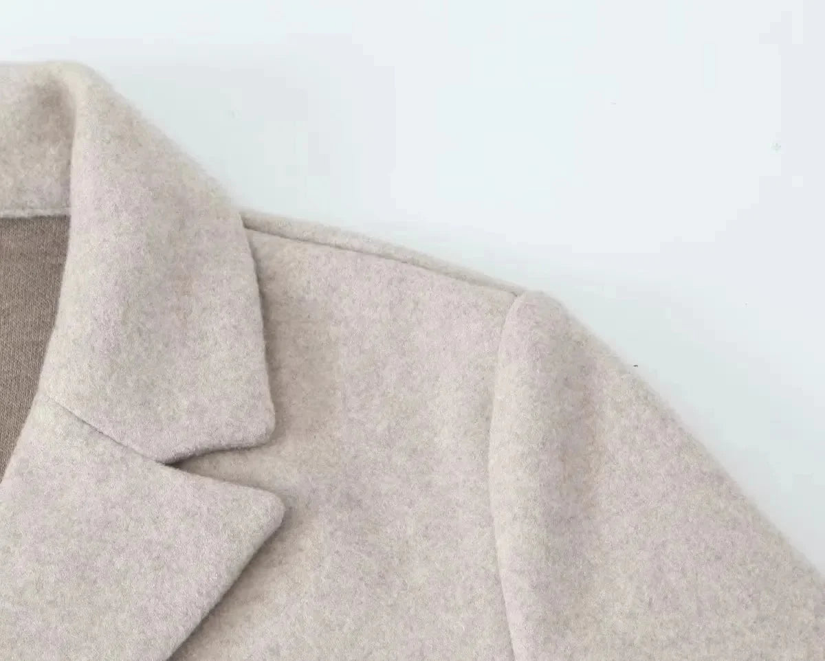 2025 Women Woolen coat Fashion Solid Open Stitch Long Trench Coats Vintage V-Neck Full Sleeves Female Chic Lady Outfits