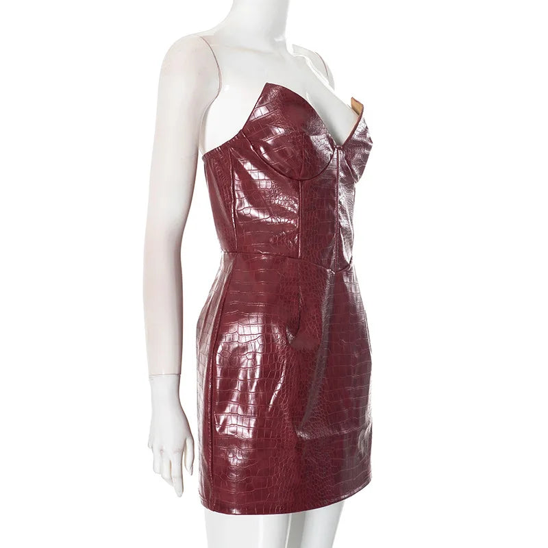 Nsauye New Elegant Sexy Fashion Leather Strapless Women Dress Night Club Evening Party Short Bodycon High Waisted Dress 2025