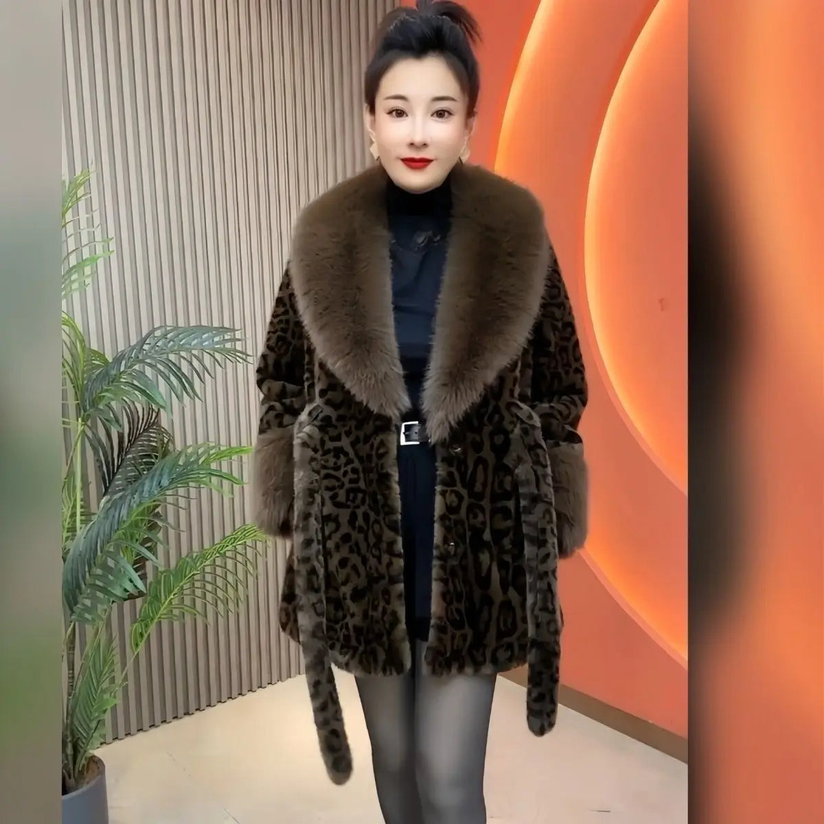 2025 New Women Autumn Winter Leopard Print Temperament Fur Coat Medium-Long High End Fur Collar With Belt Fur Jacket Overcoat