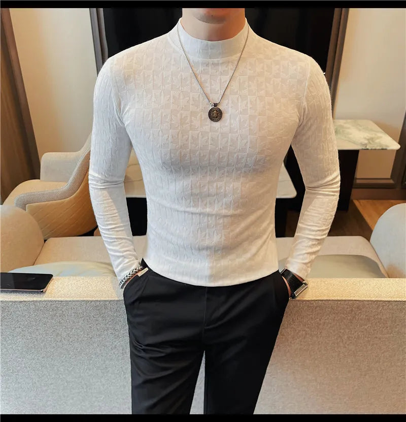 Camiseta elástica estampada de gola alta semi alta para homens, roupas de outono, nova, mangas compridas, jacquard, justa, cor sólida, camiseta slim fit
