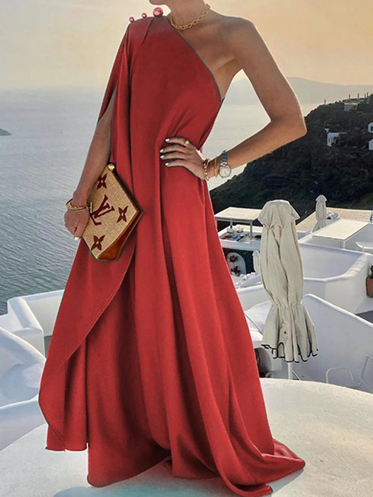 Women Sexy Off Shoulder Boho Long Dress Elegant One Shoulder Loose Party Dress 2022 Summer Fashion Button Solid Beach Maxi Dress