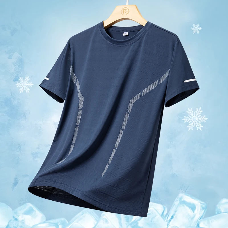 Camiseta masculina de manga curta, de seda gelada, de secagem rápida, para o verão, ideal para corrida ao ar livre, fitness e esportes.