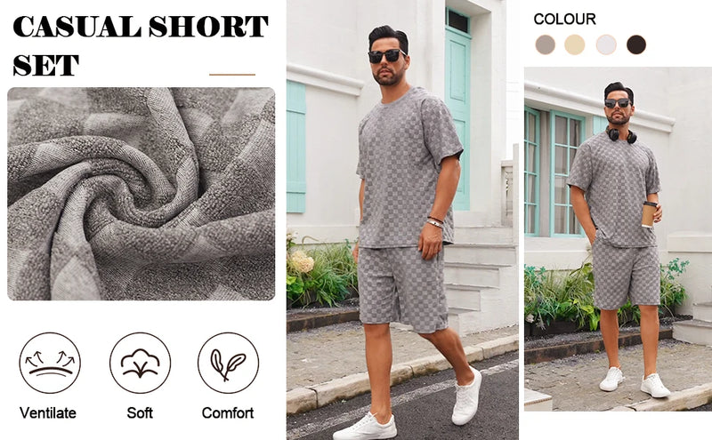Conjunto de shorts casuais de perna reta e tamanho grande, camiseta xadrez jacquard de manga curta para homens, verão 2025