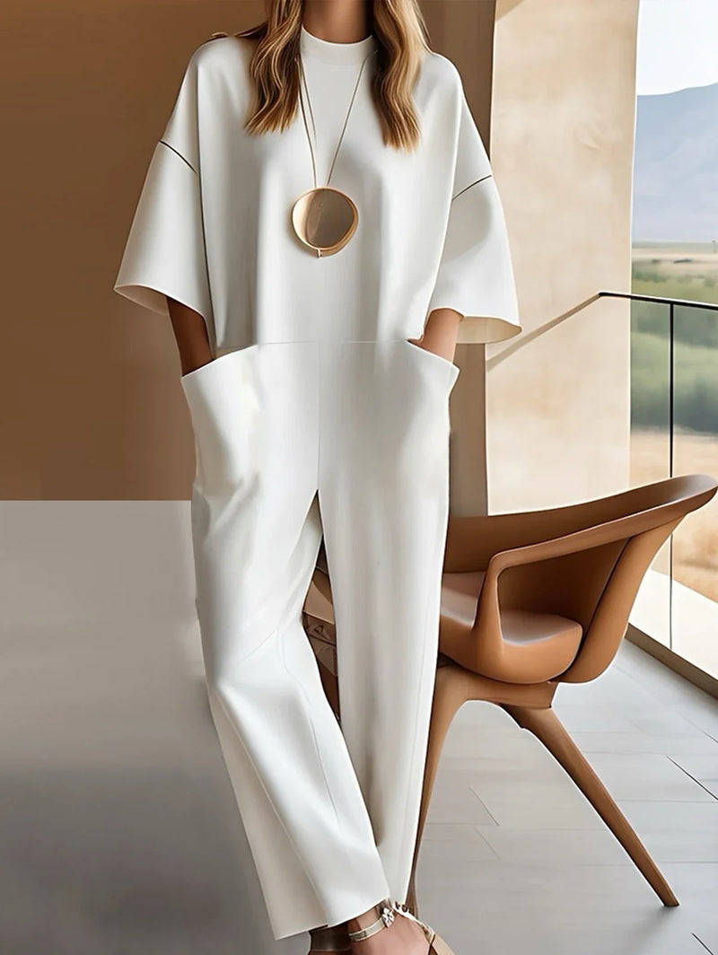 Women Loose Jumpsuit Pockets Round Neck Straight Pant Minimalist White Streetwear Office Lady Rompers One Piece Sets