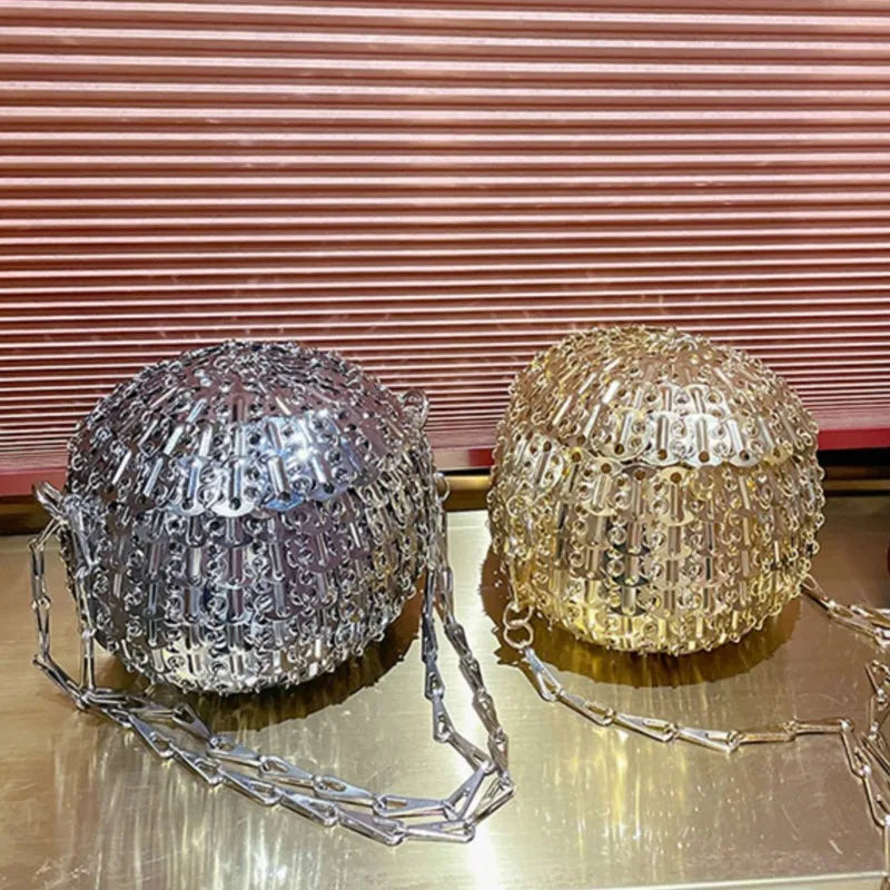 Bolsas femininas de metal lantejoulas corrente tecido saco bola forma oco sacos noite embreagem viagem férias bolsa ombro - CRAVO ROSE