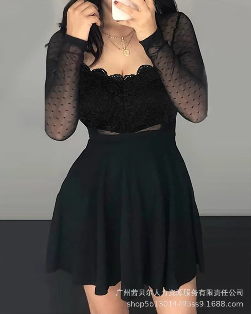 Women Dress Mini Dresses Sexy V Neck Lace A Line Slim High Waist Elegant Spring Black Bodycon Party Night Black Club Vestidos