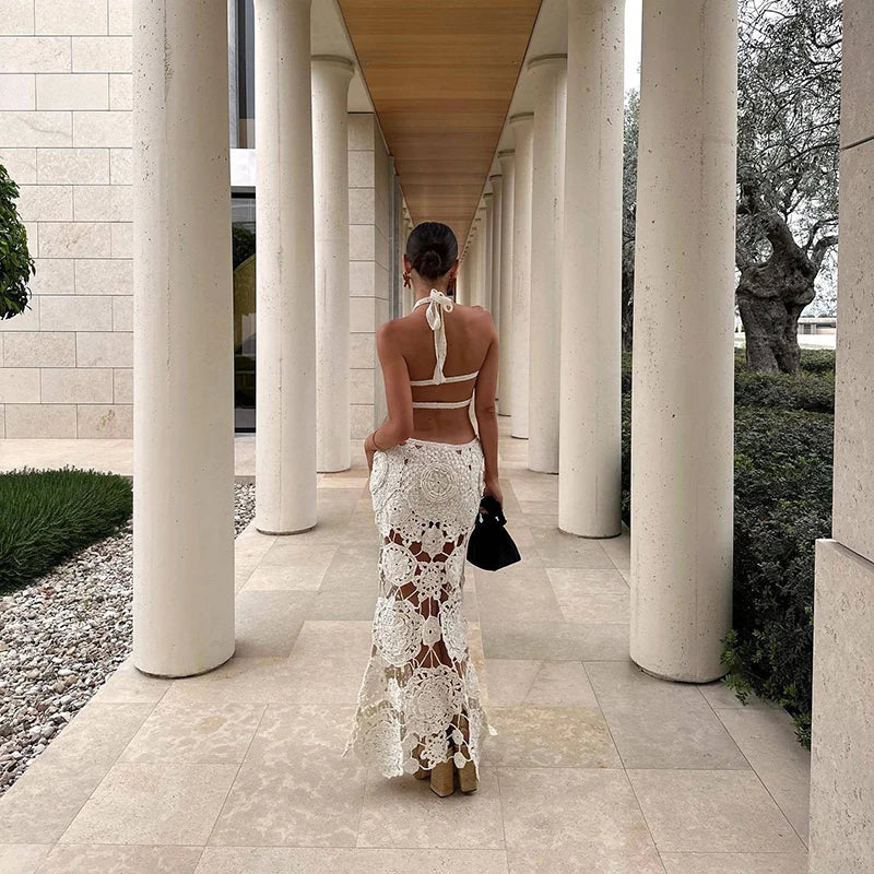Elegant Off Shoulder Halter Evening Dress Fashion Casual Pure Color Wrap Hips Dress Sexy Hollow Out Lace Embroidery Beach Dress
