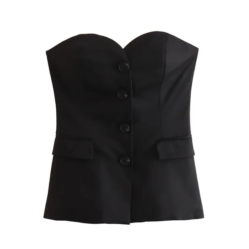 Sutiã elegante e moderno, sem alças, com abotoamento simples e cintura ajustada,  poliéster