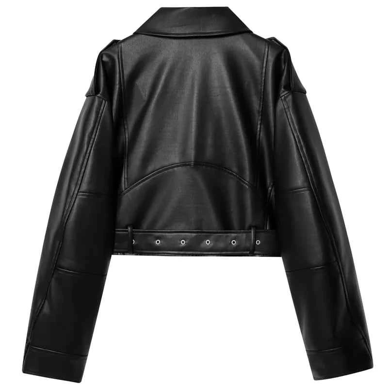 HXAO Black Pu Leather Jacket Women's Jacket Autumn 2025 Crop Asymmetric Zip Coat Long Sleeve Outerwears Chic Motorcyclist Jacket