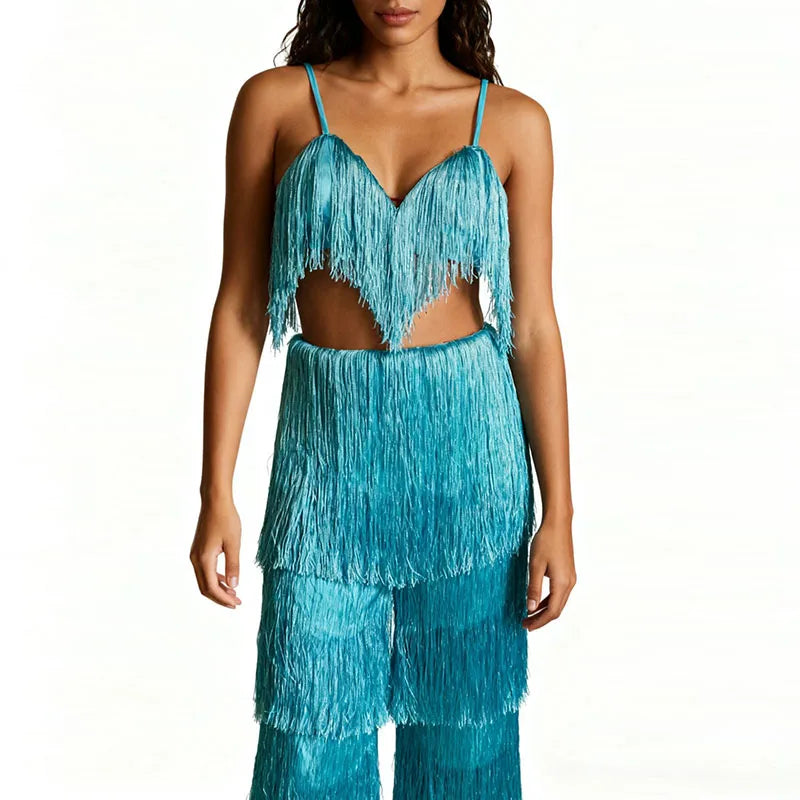 Women's Outfits Tassel Design Hollow Out Party Suit Sexy Backless Slim Fit Two Piece Set Low Cut V-neck Bra Top with Long Pants