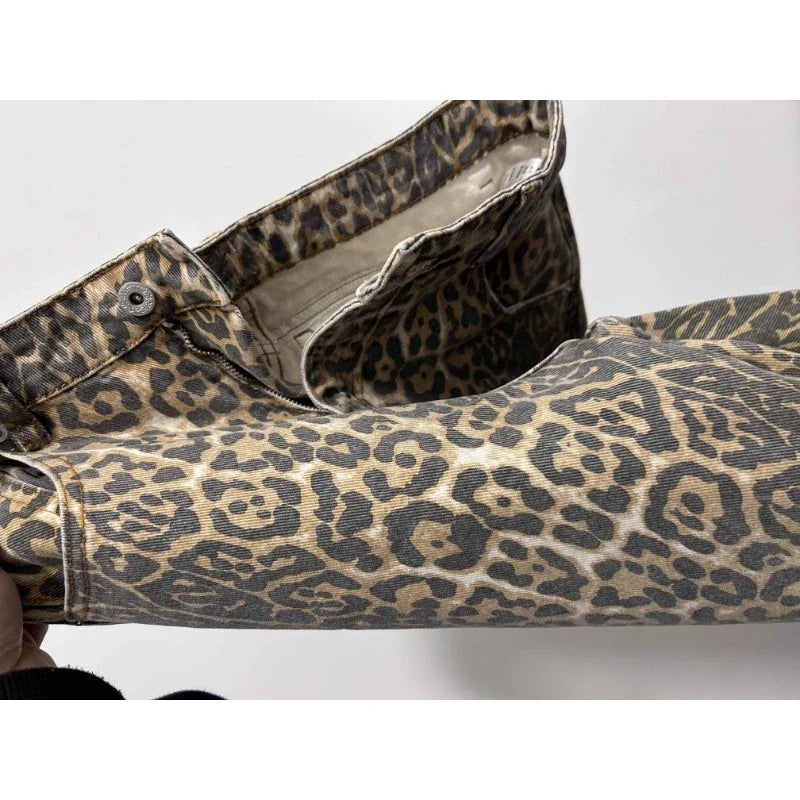 Calça jeans feminina americana retrô com estampa de leopardo, cintura alta, larga, casual, com bolsos, hip-hop, primavera/verão 2000, calça jeans pantera grande