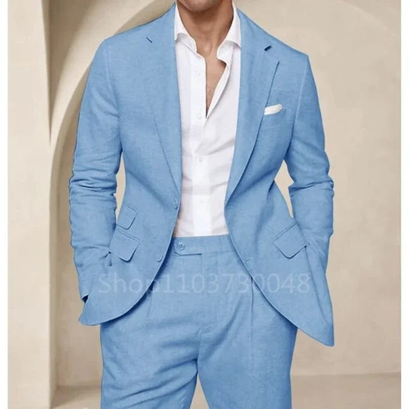 Terno masculino de linho azul/bege de alta qualidade, 2 peças, elegante, casual, abotoamento simples, slim fit, blazer com lapela entalhada e calças, traje masculino