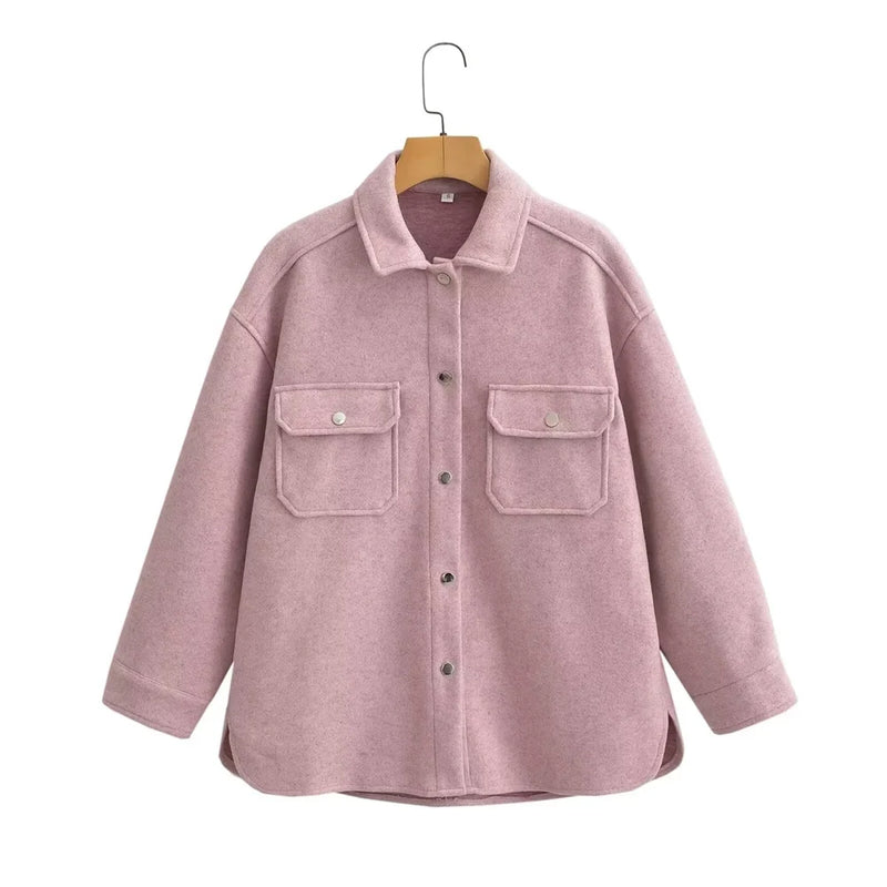 Casaco de lã feminino elegante e casual versátil de manga comprida e abotoamento simples