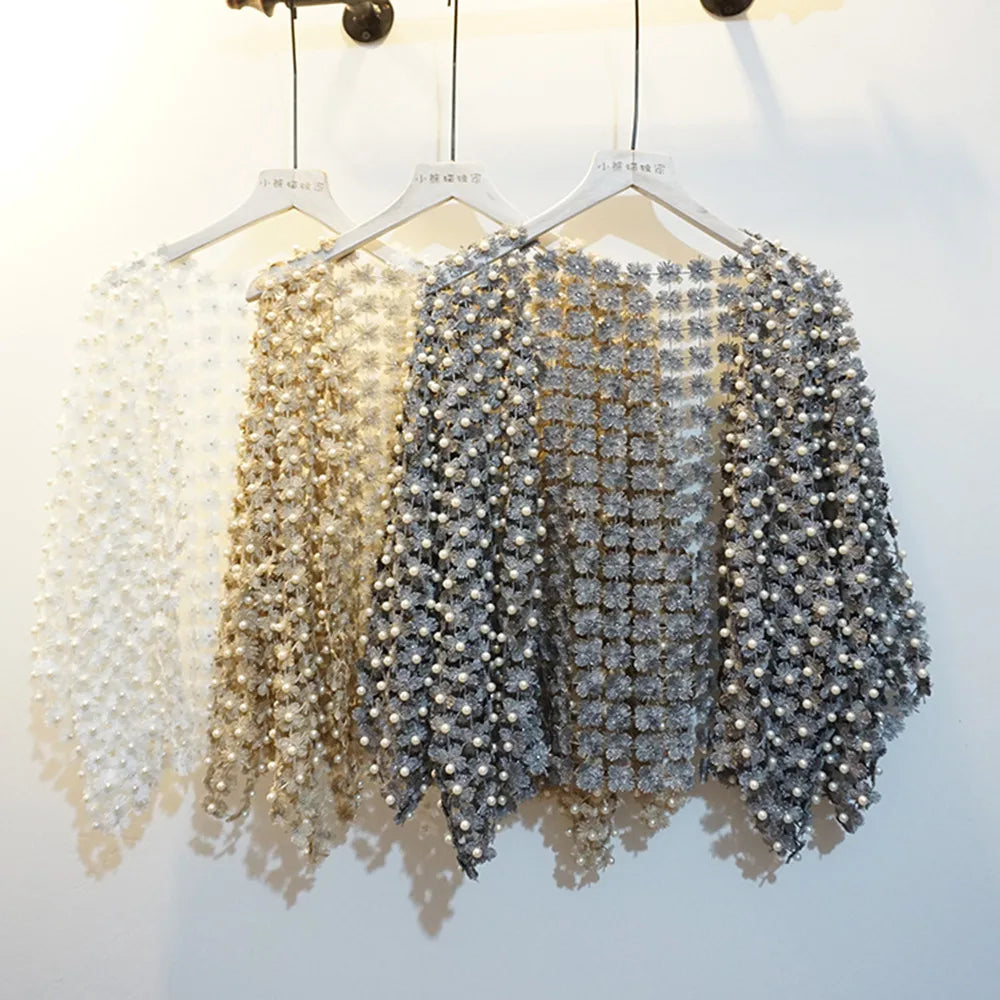 Women Beads Coat 2025 Summer Style Women Perspective Shawl Fashion Hollow Out Lace Boleros Short Sleeve Coats Jackets Femal
