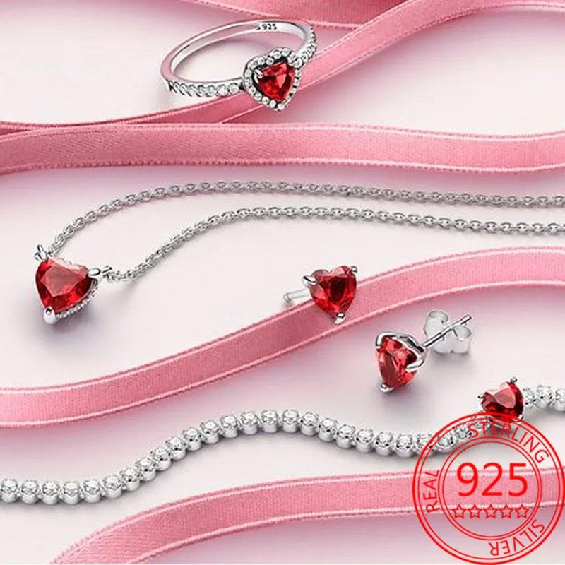 New 925 Sterling Silver Sparkling Heart Halo Pendant Collier Necklace Red Heart Ring Round Hoop Earrings Women Jewelry Set Gift - CRAVO ROSE