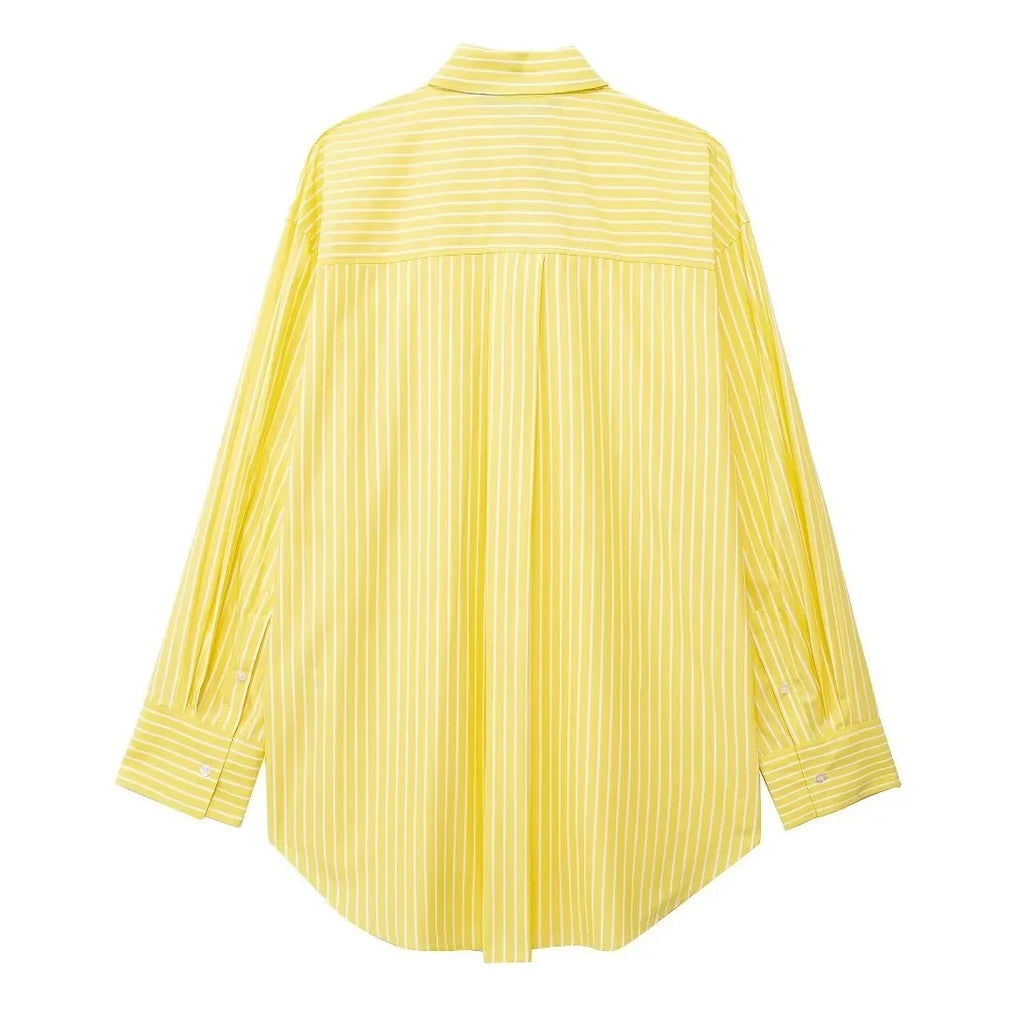 TRAFZA Blusa Listrada Amarela Feminina Calça Terno Camisa Solta Manga Longa Calças com Cordão