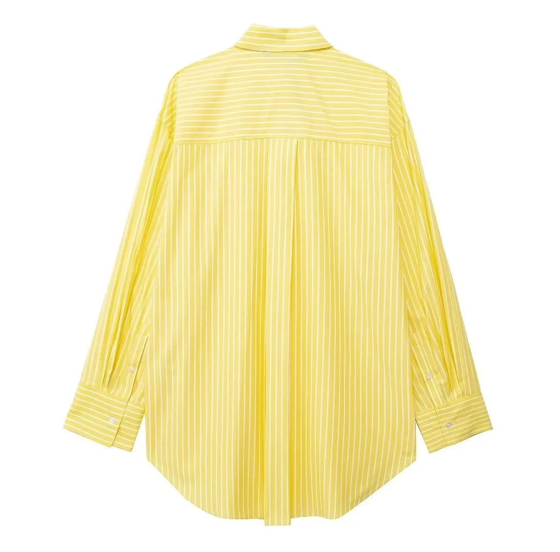 TRAFZA Blusa Listrada Amarela Feminina Calça Terno Camisa Solta Manga Longa Calças com Cordão