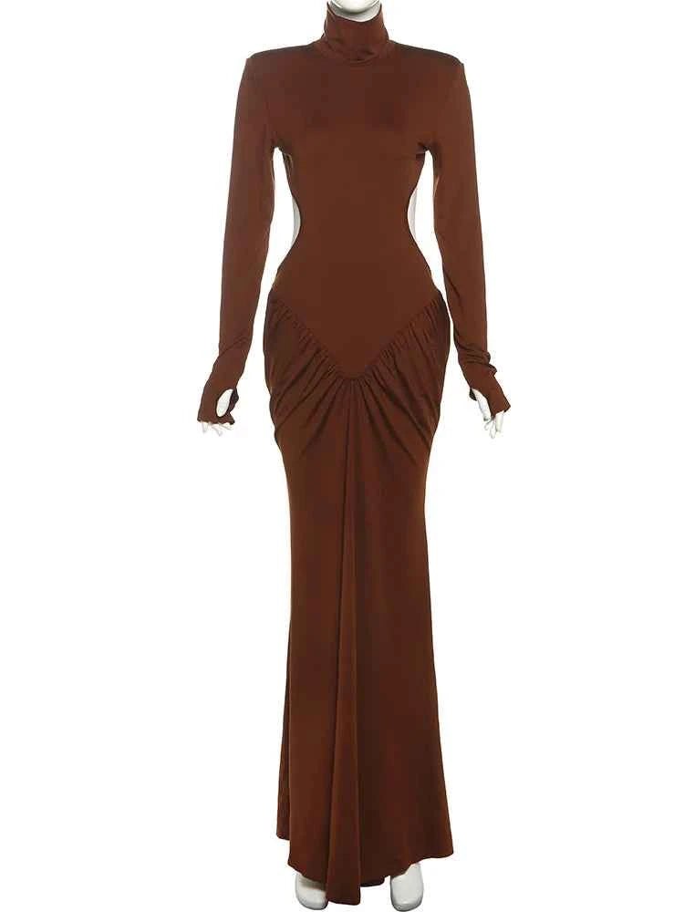 Weird Puss Backless Maxi Dress Women Shoulder Pads Long Sleeve Waistless Peach Buttocks Ruched Elegant Banquet Skinny Vestidos