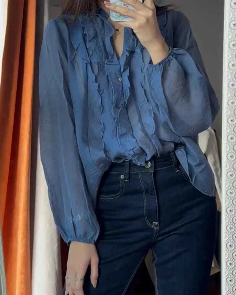Women Shirt 2025 New Fashion Autumn Long Sleeve Layered Decorative Blouse for Women Casual Chic V-neck Ladies Top